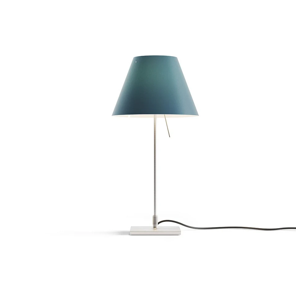 Costanzina z podstawą - Luceplan - lampa stołowa – kolor Aluminium (nr kat. LP-D13PI-WITH-BASE-ALU-PETROL)