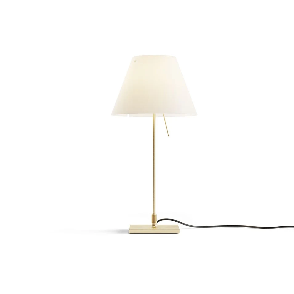 Costanzina z podstawą - Luceplan - lampa stołowa – kolor Mosiądz (nr kat. LP-D13PI-WITH-BASE-BRASS-WHITE)